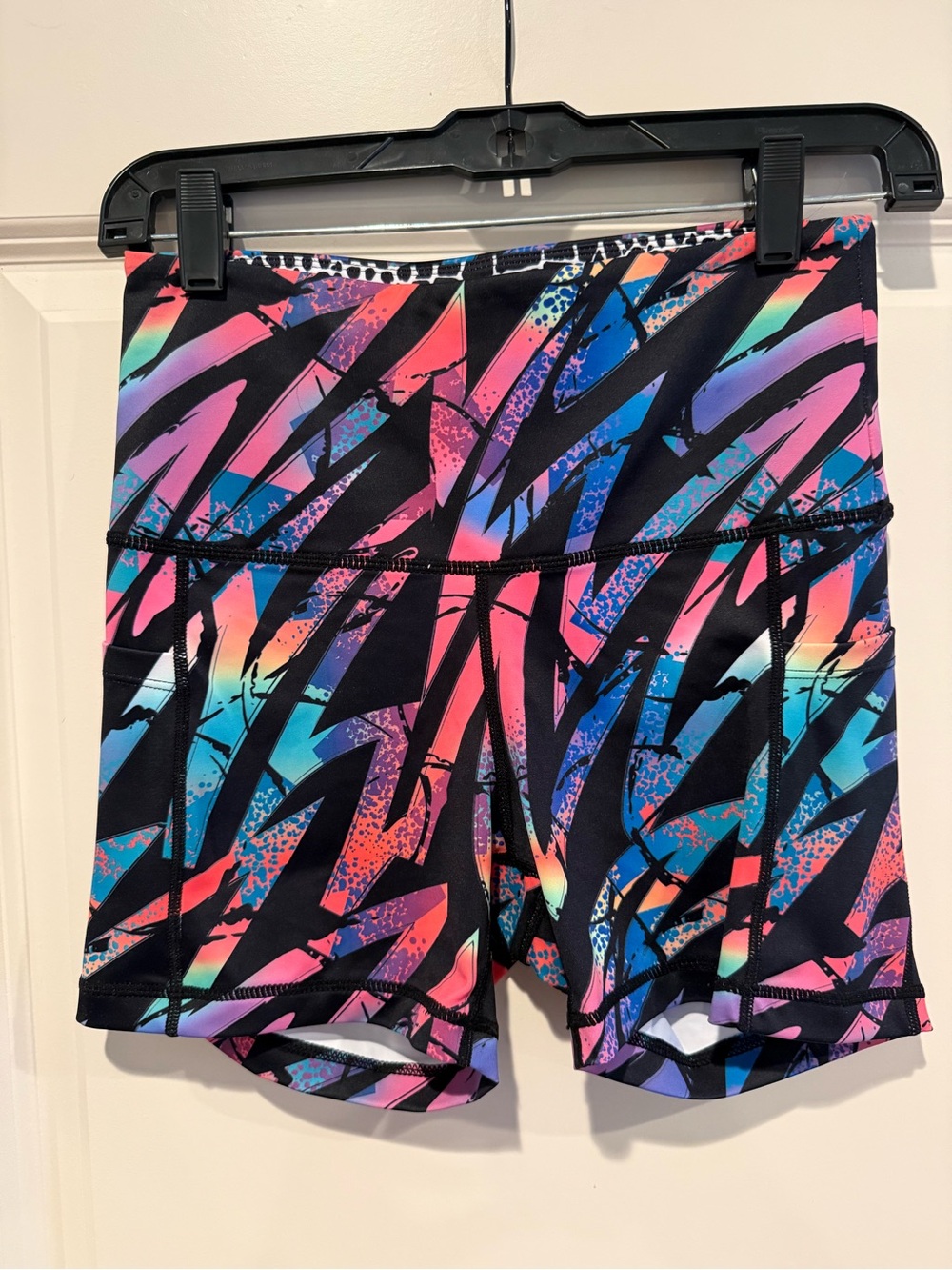 New - Feed Me Fight Me Black Multi-Color Abstract Athletic Shorts with Pockets